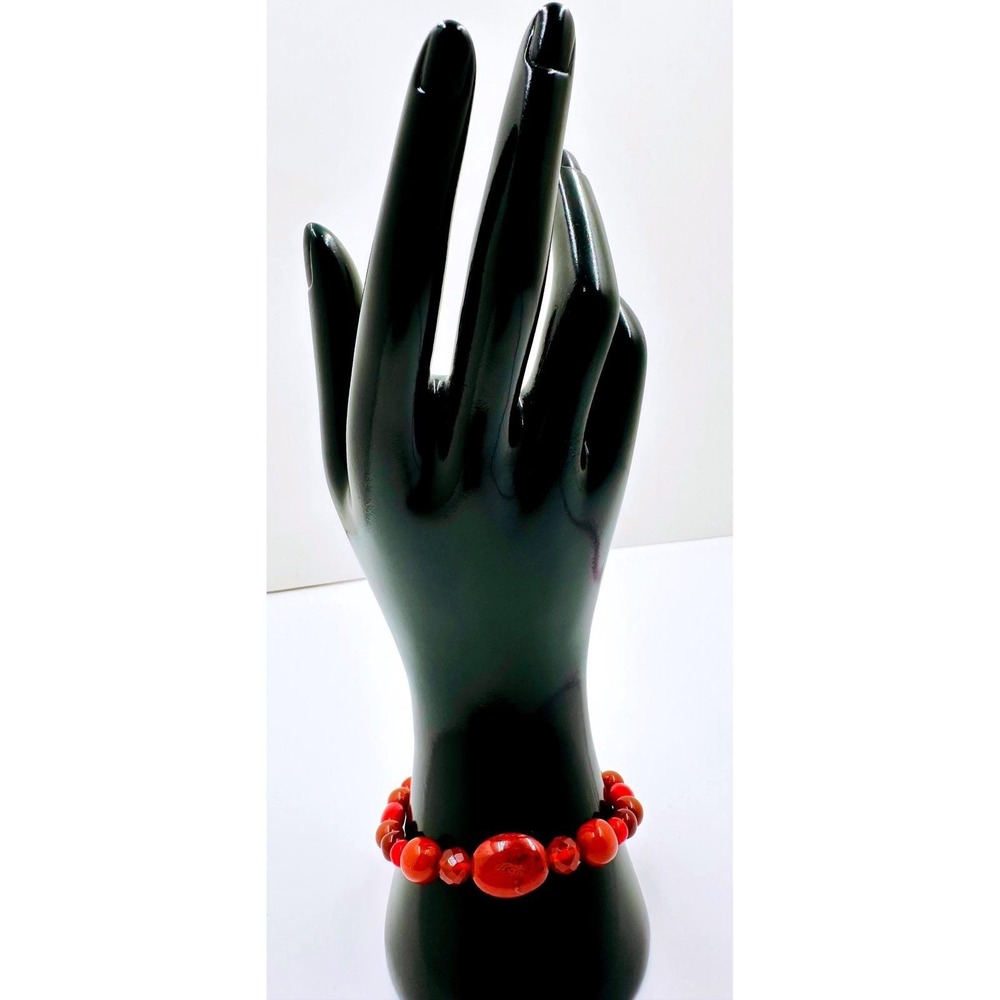 Relios Carolyn Pollack Sterling Silver Red Carnelian Agate Beaded Bracelet 8.5in